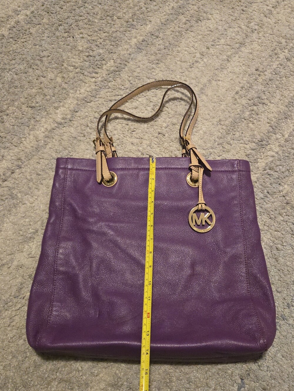Michael Kors Purple Pebbled Leather Tote Bag Shoulder Purse MK Charm Large - Picture 5 of 11